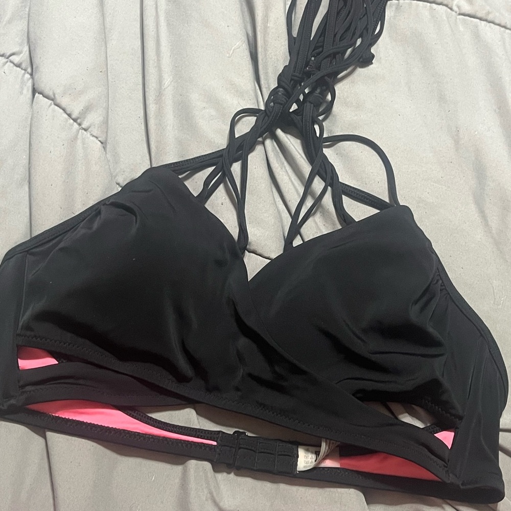 PINK Victoria's Secret Black and Pink Strappy Swim Top